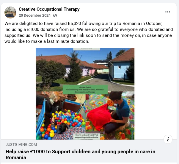 Creative OT raising £5,320 to support young people in care in Romania